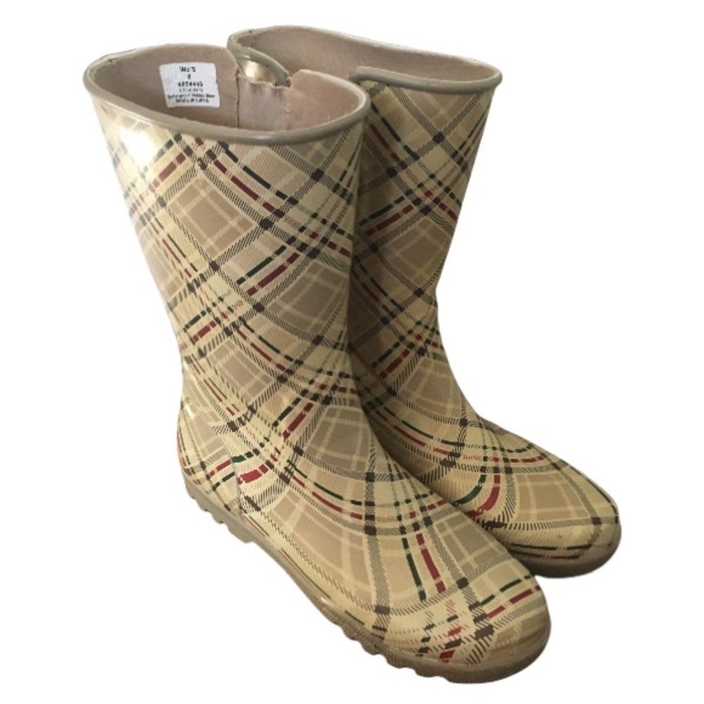 Sperry Plaid Tan Rubber Waterproof Rainboots Size 8